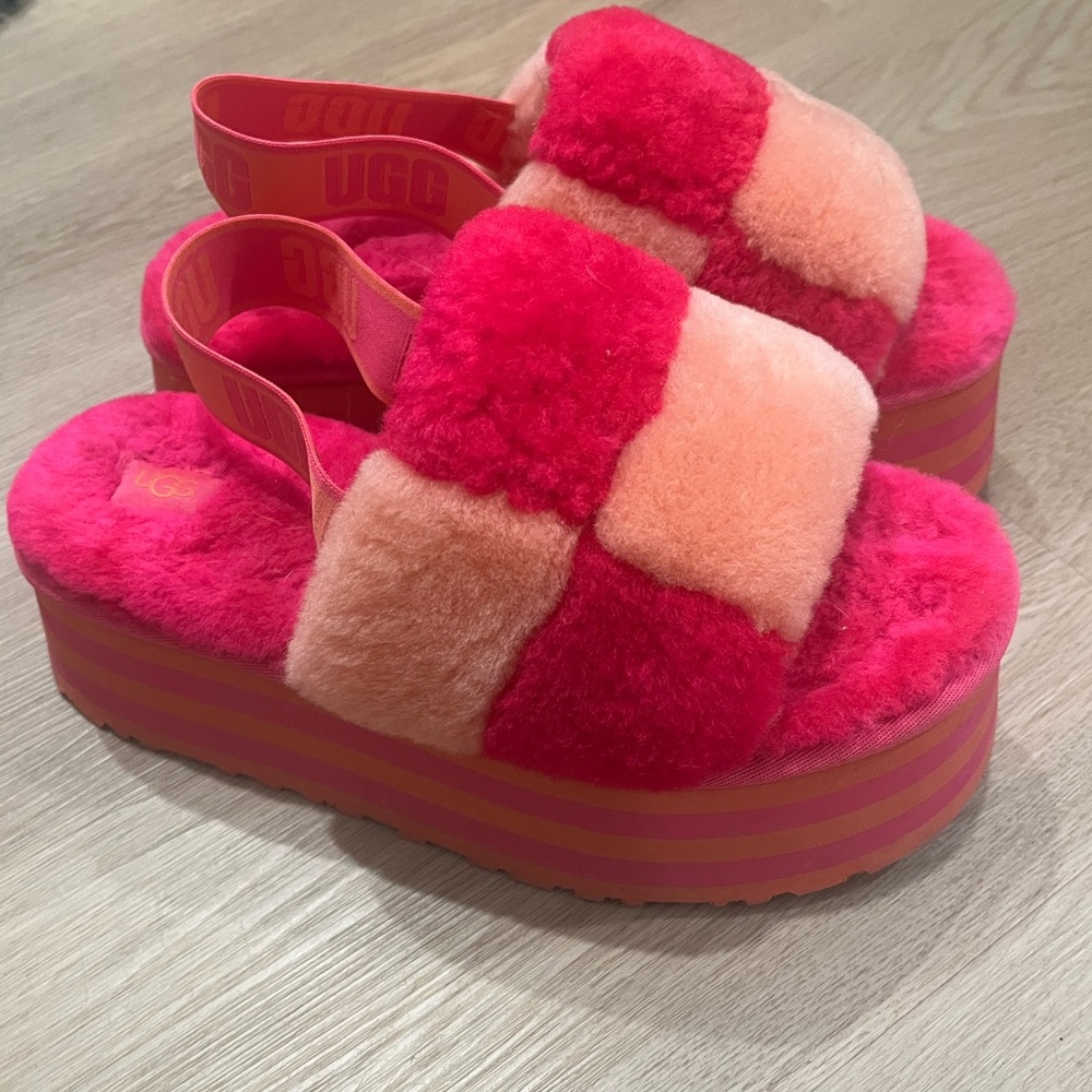 UGG Women's Fluffy Pink and Orange Platform Sandals